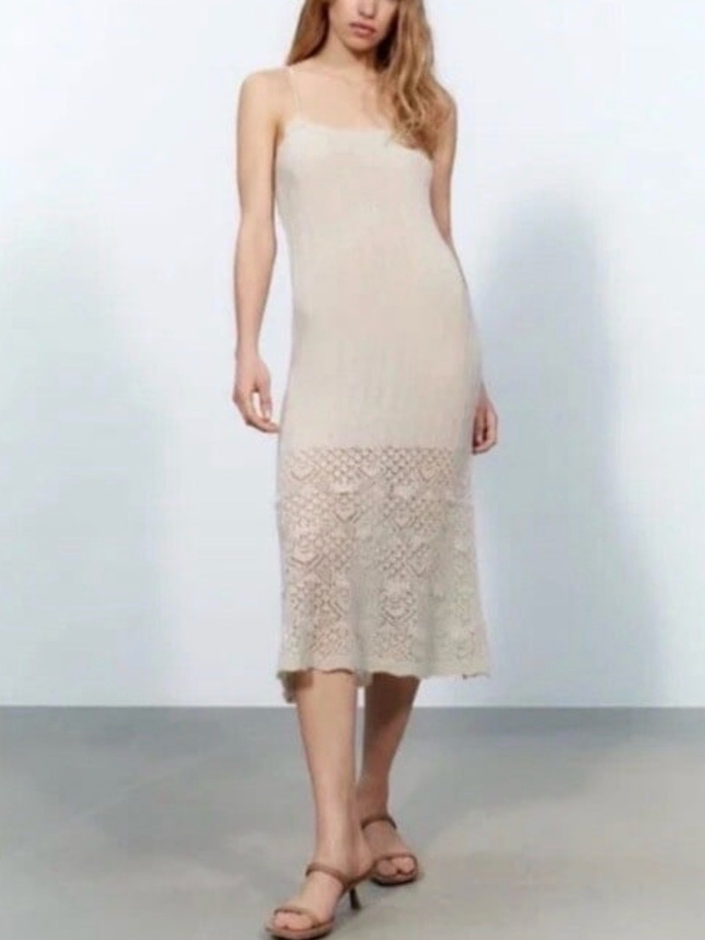 Zara Ecru Knit Midi Dress Crochet Lace Trim Semi Sheer Form Fitting L